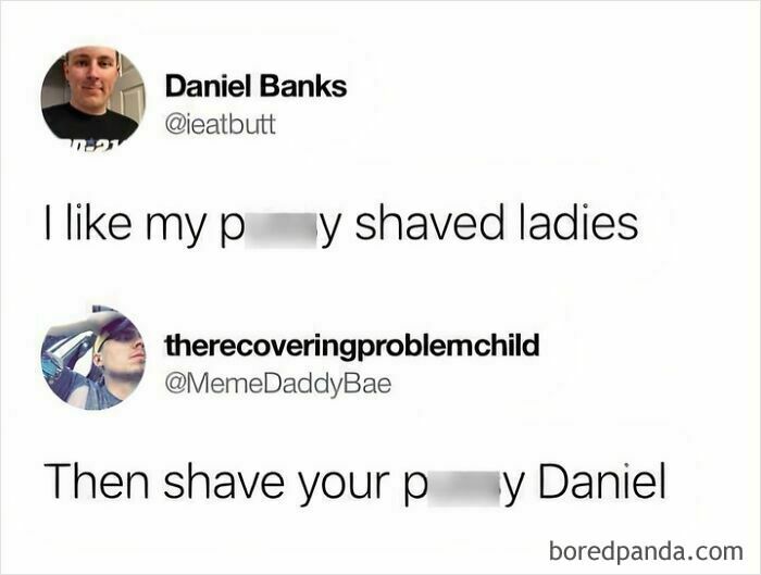 Screenshot of a weird internet exchange between two users involving a humorous and explicit wordplay comment.