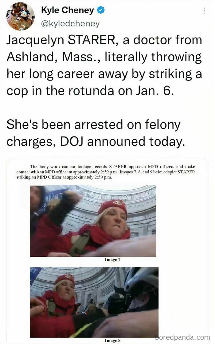 Screenshots showing a woman aggressively striking a police officer, illustrating consequences of stupidity and job loss.