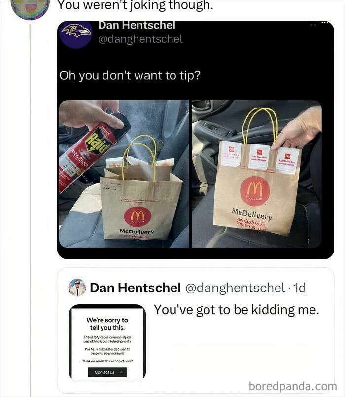 McDelivery bag with hot sauce packets and Raid spray inside car, illustrating consequences of foolish behavior at work.