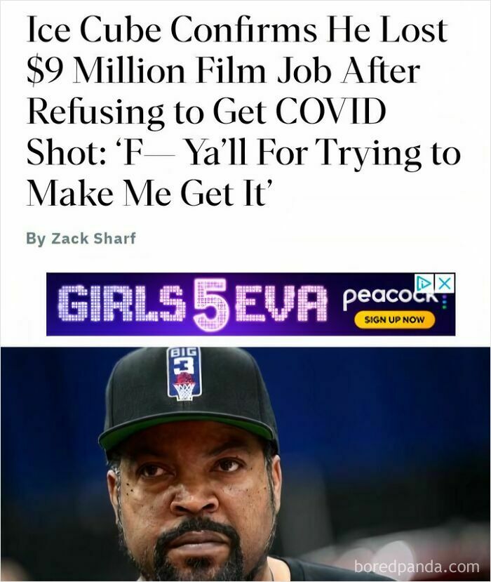 Ice Cube confirms he lost a $9 million film job after refusing COVID shot, showing consequences of their own stupidity and losing jobs.