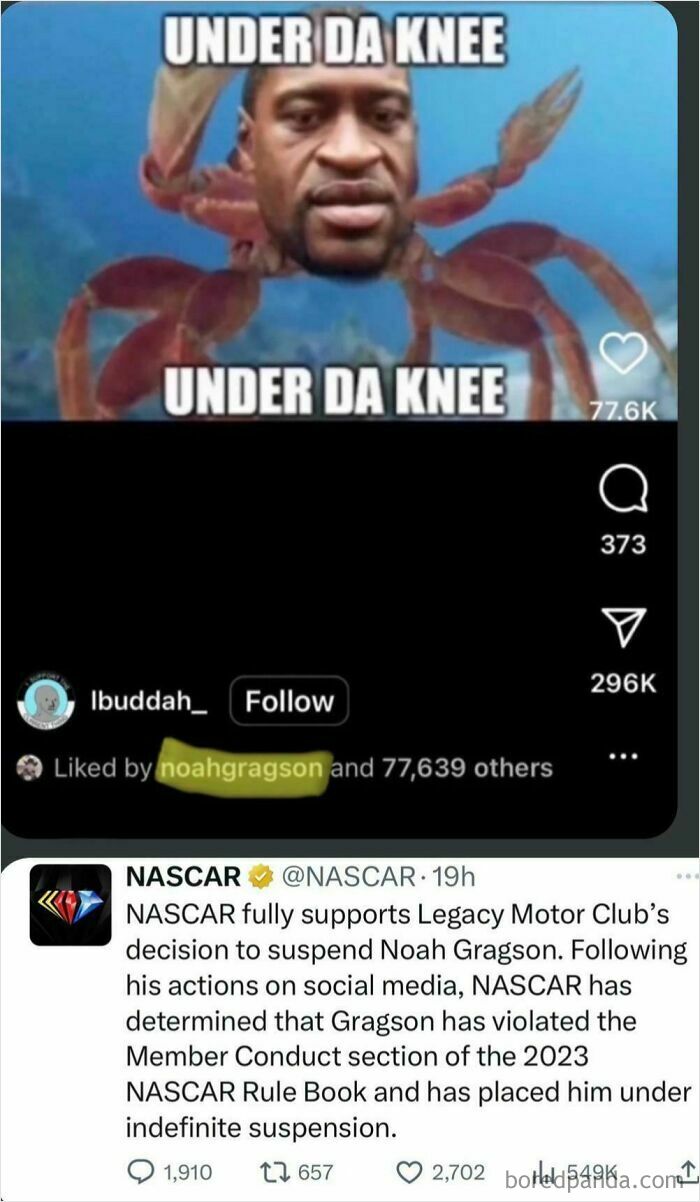 NASCAR suspends Noah Gragson indefinitely after social media actions, illustrating consequences of stupidity costing jobs.