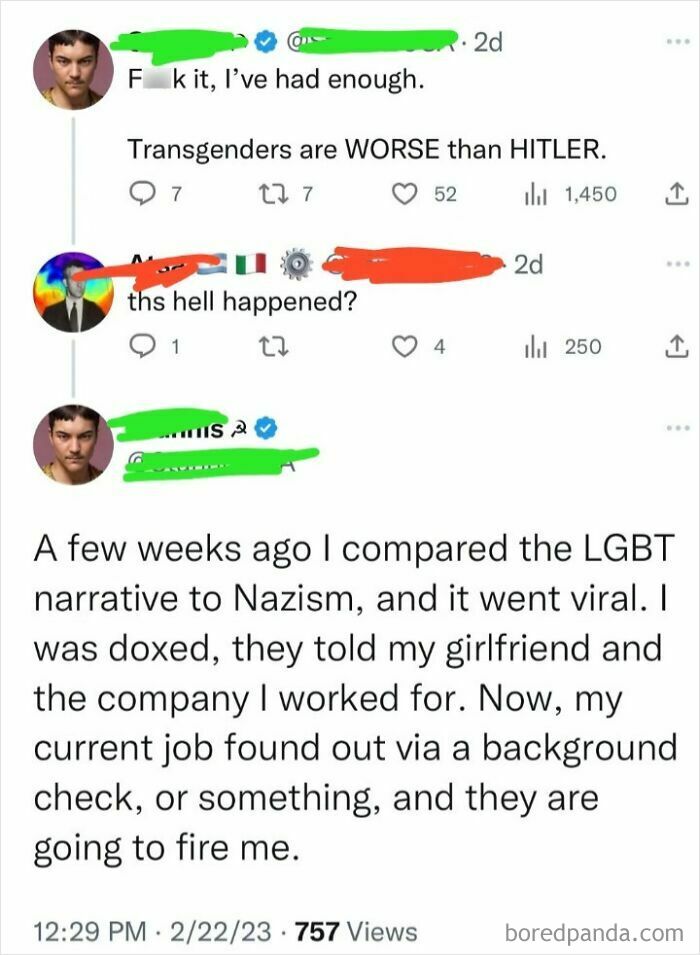 Screenshot of a social media post showing someone facing job loss due to controversial and offensive statements.