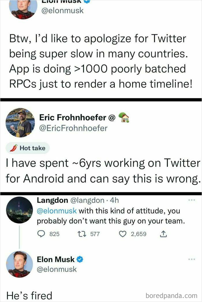 Screenshot of Elon Musk firing an employee on Twitter, illustrating consequences of workplace mistakes and losing jobs.