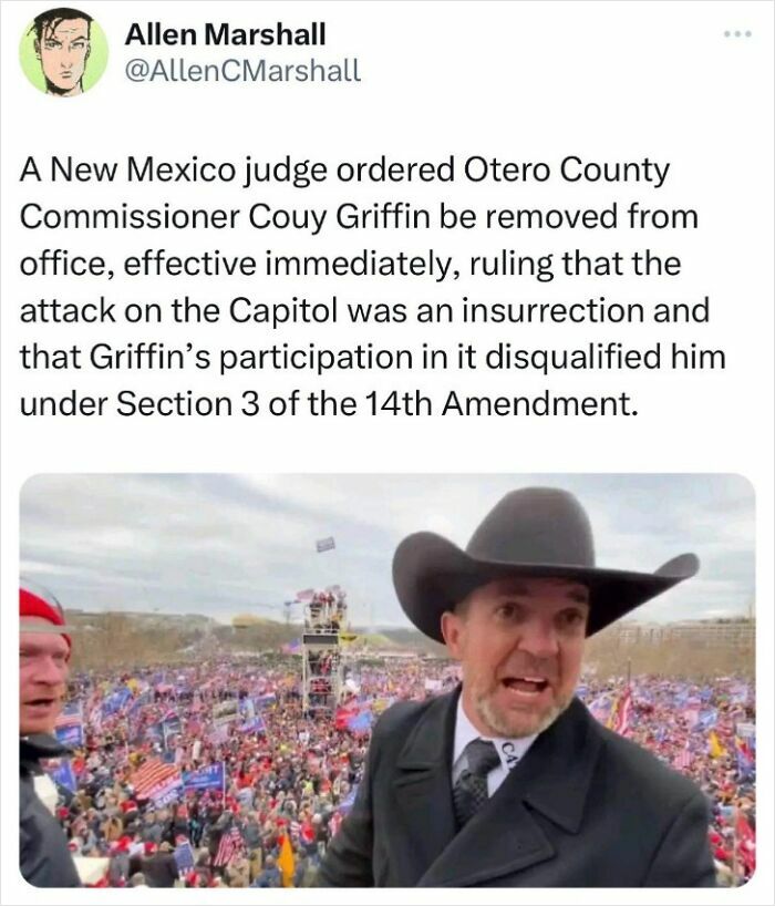 Tweet about a New Mexico commissioner removed from office after participating in Capitol attack, illustrating job loss consequences.