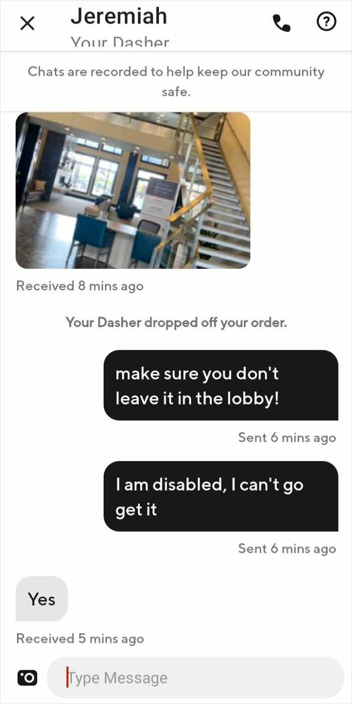 Text exchange showing delivery issues with a package dropped in a lobby, illustrating deliveries gone off track.