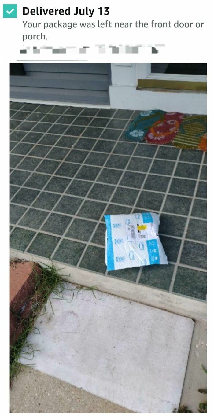 Small package left on tiled porch near front door, illustrating one of the unfortunate delivery fails with package fell into ocean cases.