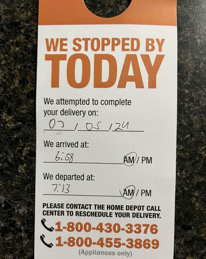 Delivery attempt notice from Home Depot with contact numbers, illustrating a common package delivery issue off track.