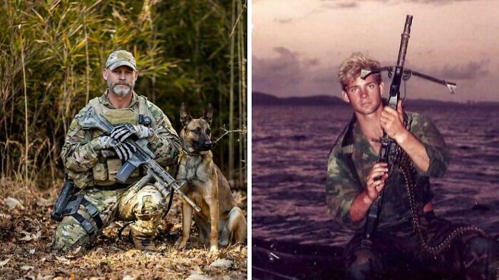 Two soldiers in different eras, one with a military dog and the other holding a rifle near water, unusual and cool world facts.