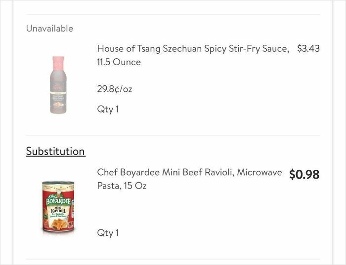 Unavailable House of Tsang sauce replaced by Chef Boyardee Mini Beef Ravioli in a delivery substitution example.