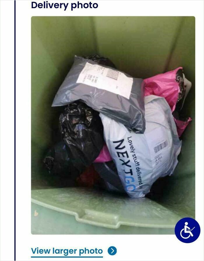 Several delivery packages tossed inside a green trash bin, showing a clear package delivery fail.