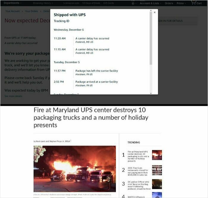 UPS tracking screen showing multiple delivery delays and news of a fire destroying packaging trucks causing delivery issues.