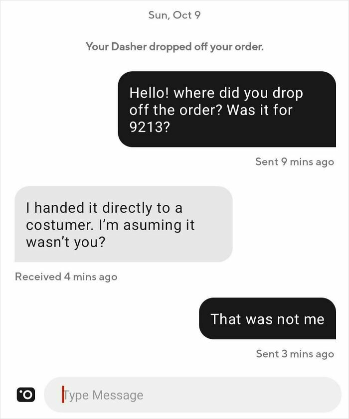 Delivery chat showing confusion after a package fell into ocean, highlighting unfortunate times deliveries went off track.