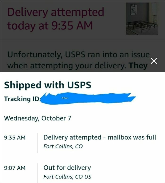 USPS delivery attempted but failed due to a full mailbox, illustrating unfortunate package delivery issues.