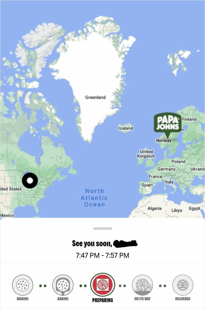 Map showing a pizza delivery tracking screen with a package destination far off across the North Atlantic Ocean.