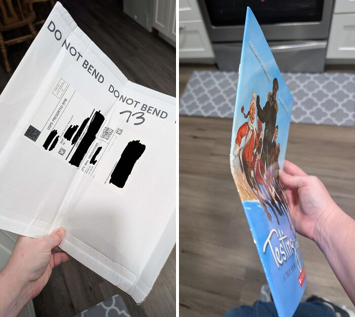 Damaged package with "Do Not Bend" label held next to a bent delivery item, illustrating delivery mishaps and off track shipments.