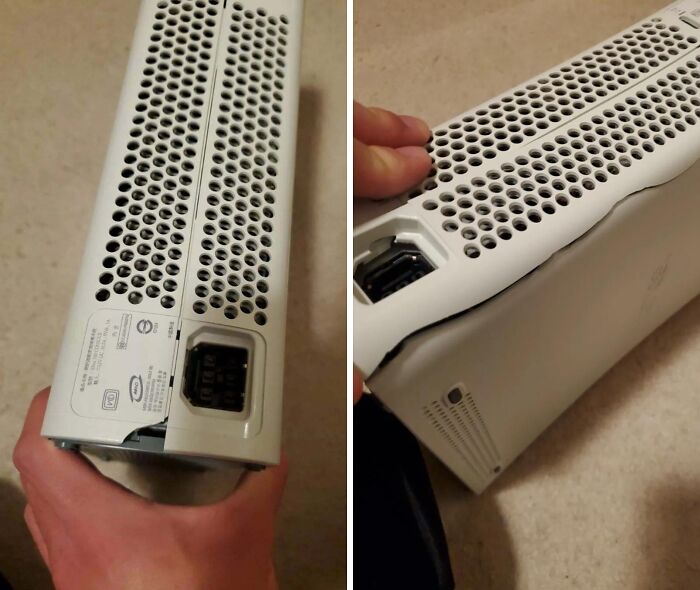 Damaged package with broken plastic casing, illustrating a delivery that went off track and highlighting package fell into ocean issues.