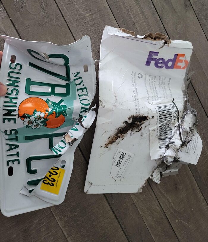 Damaged Florida license plate and torn FedEx package showing delivery mishap and package fell into ocean incident.