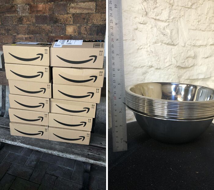 Stack of Amazon packages on a bench and a set of metal bowls next to a ruler, illustrating delivery package size.