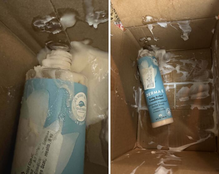Shipping package with spilled conditioner inside a cardboard box showing delivery mishap with package fell into ocean impact.