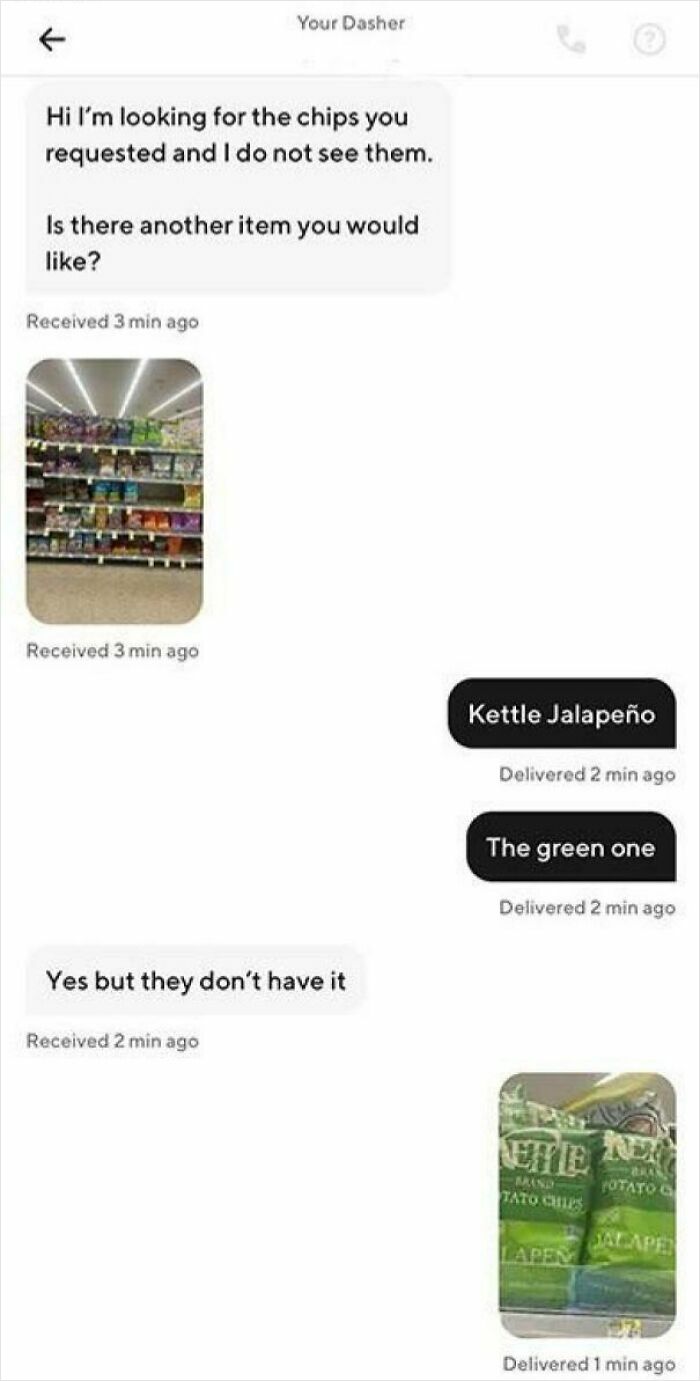 Delivery chat showing a dasher unable to find requested chips amid a conversation about package delivery issues.