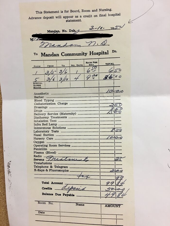 1950s hospital bill from Mandan Community Hospital showing medical service costs and handwritten notes.