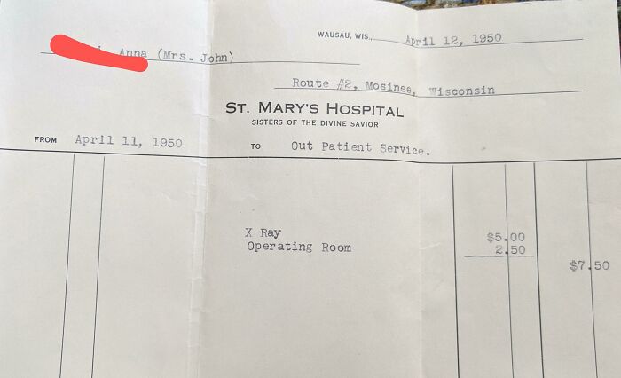 1950s hospital bill from St. Mary’s showing medical service costs, capturing the essence of life in the 1950s.