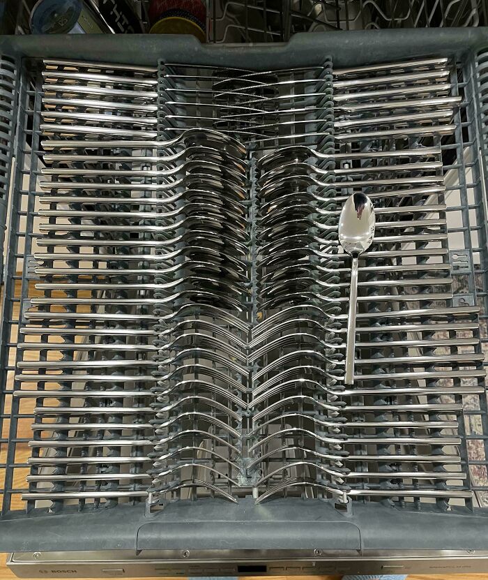 Spoon misaligned in a dishwasher among perfectly arranged silverware, highlighting imperfect things that annoy people with OCD.
