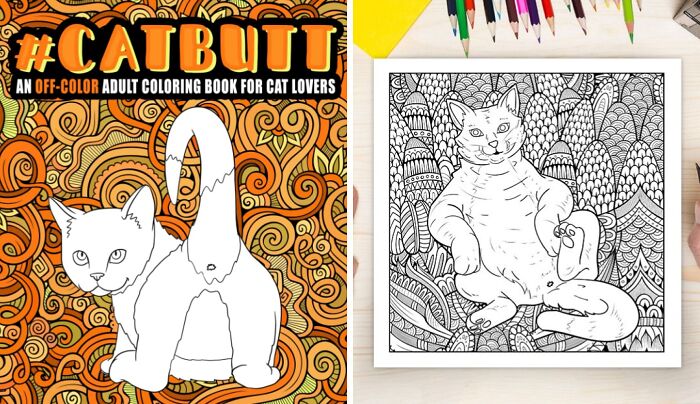 Book covers featuring a quirky cat-themed adult coloring book with intricate patterns for a unique bookshelf personality.