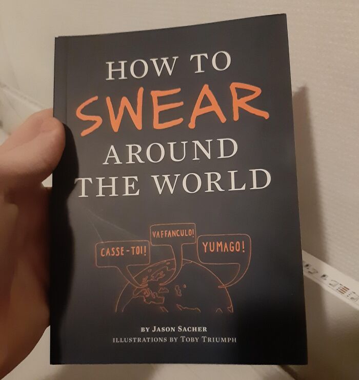 Book titled How to Swear Around the World held up, highlighting weird books that give your bookshelf personality.