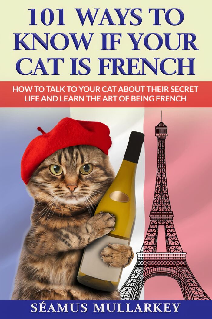Book cover of a quirky cat wearing a red beret holding a wine bottle with the Eiffel Tower in the background.