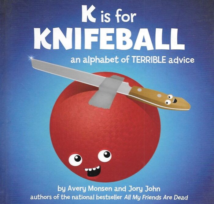 Book cover of a weird book titled Knifeball showing a happy red ball with a smiling knife taped to it.