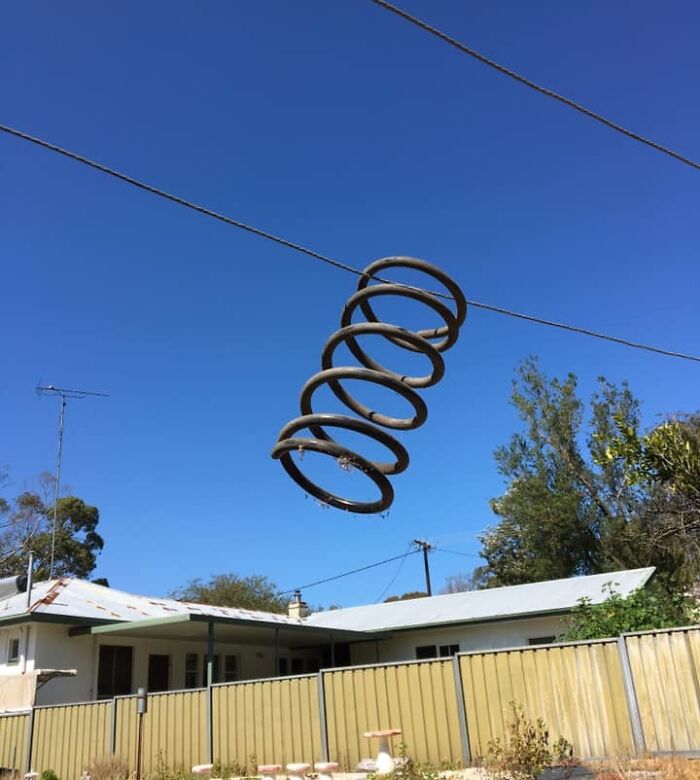 Coiled spring hanging oddly on outdoor clothesline above backyard fence under clear blue sky.