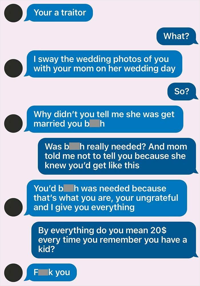 Text message exchange showing toxic dad behavior and ungrateful child, highlighting why kids avoid toxic fathers.