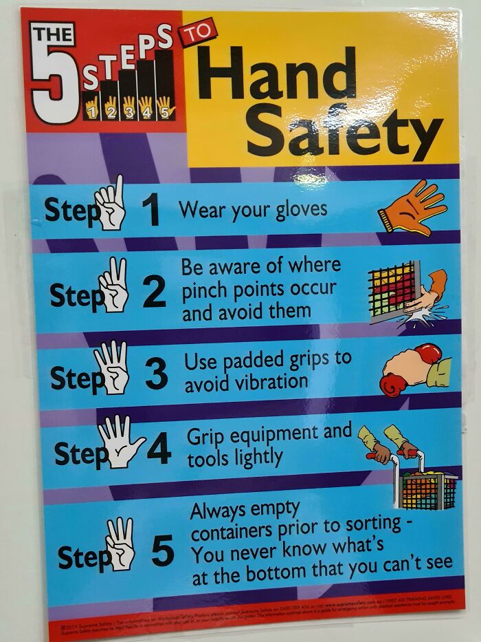 Poster showing the 5 steps to hand safety with illustrated gloves and grip tips for OCD and perfectionism awareness.