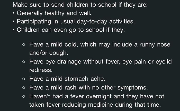 List of guidelines for sending children to school with mild illnesses, highlighting schools are not created equal or great.