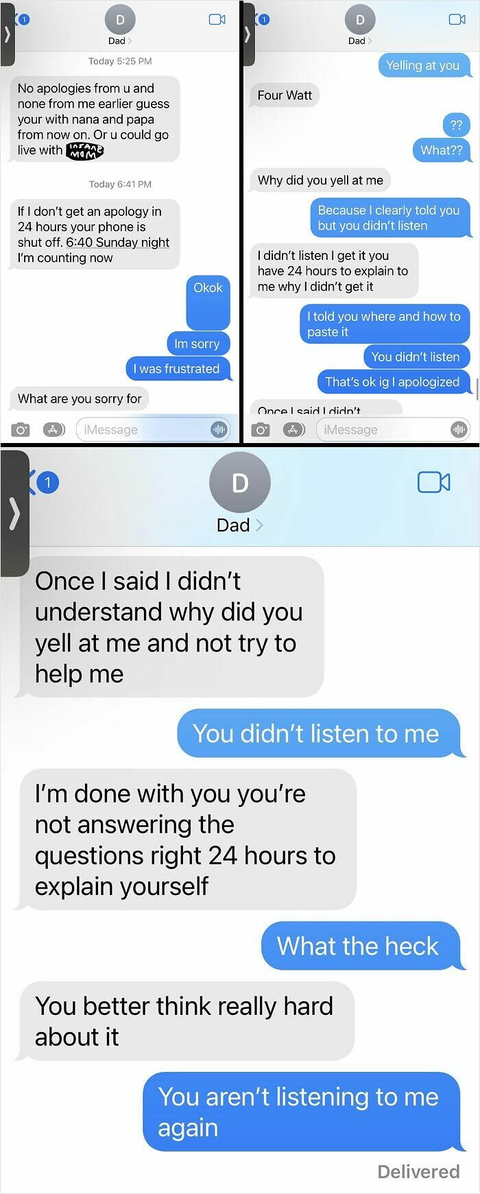 Text message exchange showing toxic behavior of a dad demanding apologies and ignoring his child's explanations.