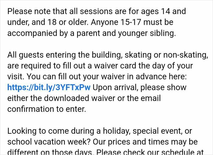 Text instructions about age restrictions and waiver requirements for guests entering a skating facility, highlighting school rules.