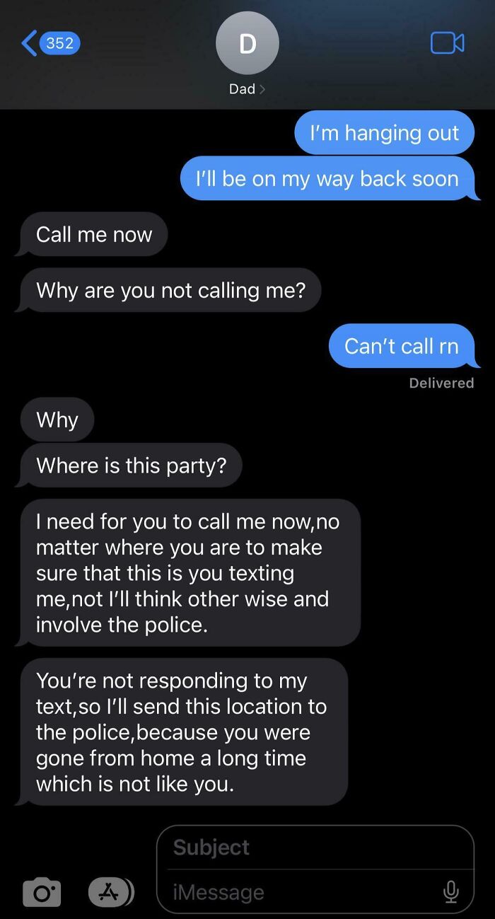 Text message exchange showing toxic behavior of a dad demanding a call and threatening to involve the police.