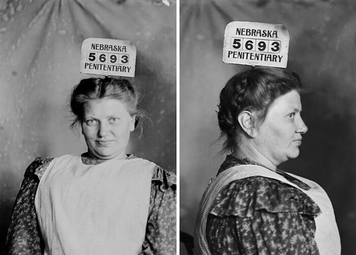 Black and white historical mugshot of a Nebraska penitentiary woman inmate in vintage clothing, front and profile view.