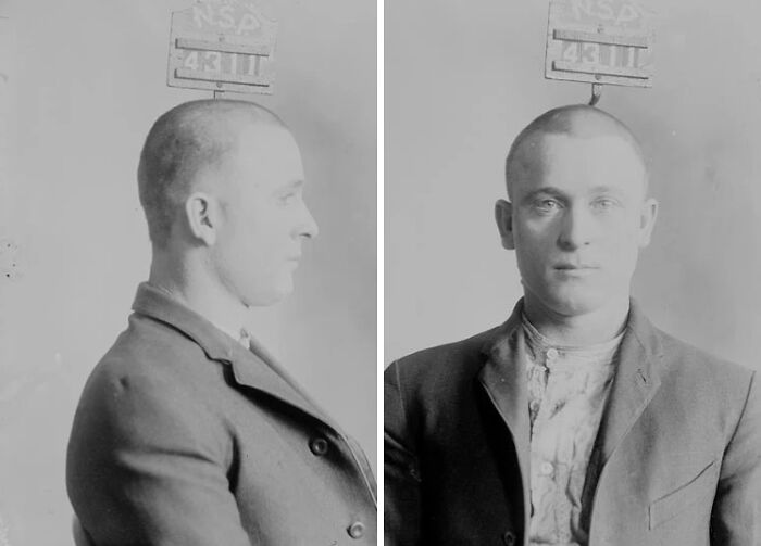 Black and white vintage historical mugshots of a man in a suit, highlighting intriguing stories behind historical mugshots.