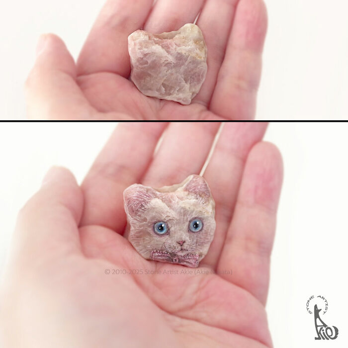 Hand holding a small stone transformed by a Japanese artist into an adorable animal with detailed eyes and features.