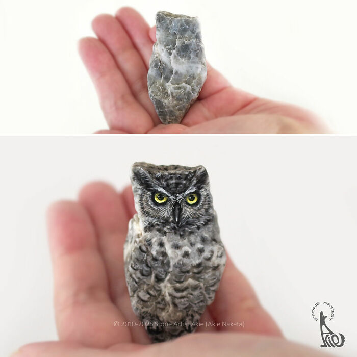 Japanese artist turns a plain stone into an adorable, detailed owl sculpture held in a hand.