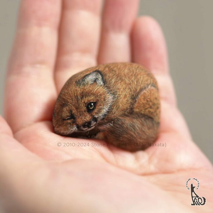 Small stone painted to look like an adorable curled-up animal, showcasing Japanese artist’s unique stone art craftsmanship.