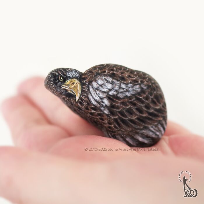 Hand holding a small stone painted by Japanese artist as an adorable bird with detailed feathers and beak.