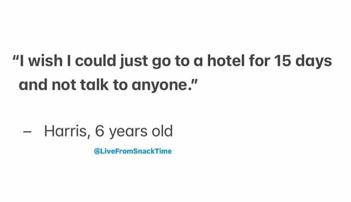 Child quote from Live From Snack Time about wanting peace at a hotel, showing kids delivering good quotes to share.