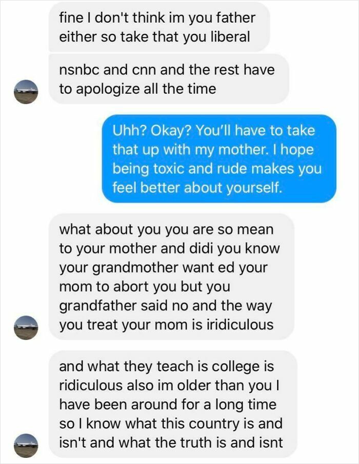 Text message conversation showing toxic behavior from a dad, highlighting reasons kids avoid speaking to him.