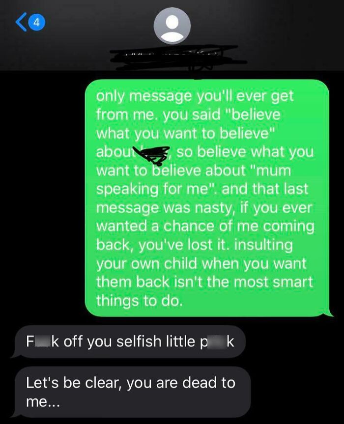 Text message exchange showing toxic behavior from a dad insulting and cutting off communication with their child.