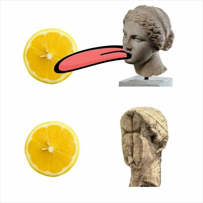 Lemon slice with ancient statue head and cartoon tongue, humorous history meme combining classical art and modern illustration.