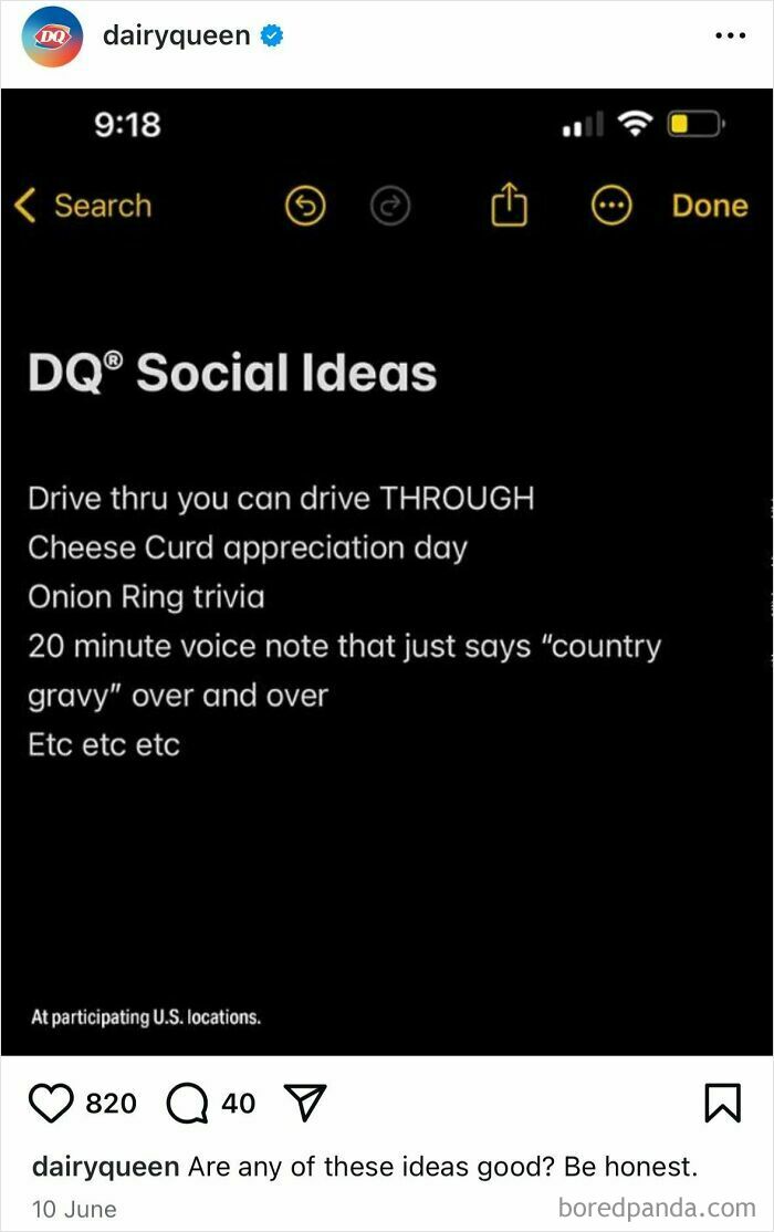 Screenshot of Dairy Queen's social media post listing funny social ideas with food-related humor for official accounts.