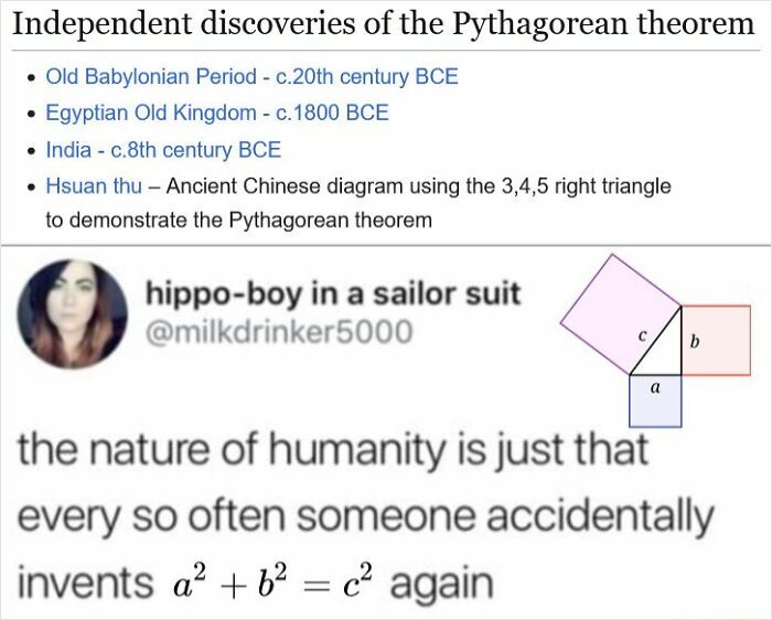 Funny meme about independent discoveries of the Pythagorean theorem with a right triangle diagram and tweet.